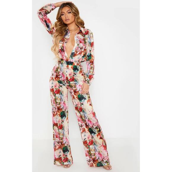 PrettyLittleThing Rose Femme Renaissance Print Wide Leg Pants 2 - Picture 8 of 8